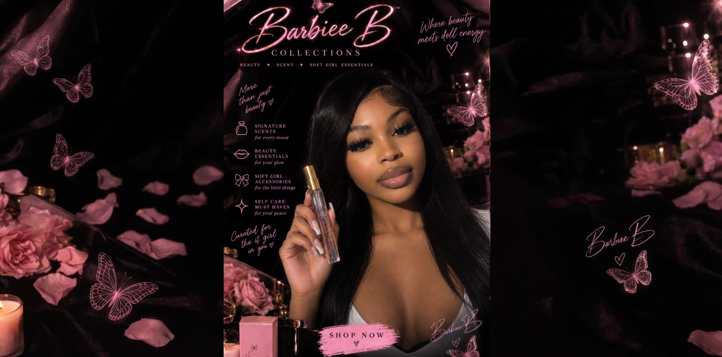 A promotional graphic for the Barbieee B Collections, featuring a model holding a clear bottle with a gold cap against a dark, romantic backdrop with pink roses, butterflies, and candles. The central panel includes the brand name 'Barbieee B Collections' in stylized pink and white text, along with product details and a 'SHOP NOW' button.